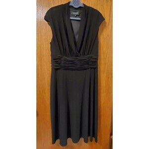 Black Label by Evan-Picone Women Black Ruched Waist V-Neck Cocktail Dress Sz 14